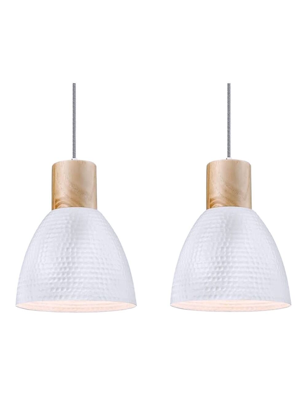 2 Pack White Hammered Metal Pendant Lights with Solid Wood Accents, farmhouse